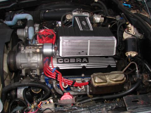 1973 Ford Ranchero - Close-up view of a Ford Cobra engine, highlighting its components and the 'COBRA' branding on the valve covers.