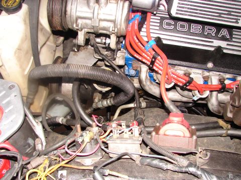 1973 Ford Ranchero - Close-up view of an engine bay COBRA valve covers and bright red spark plug wires.