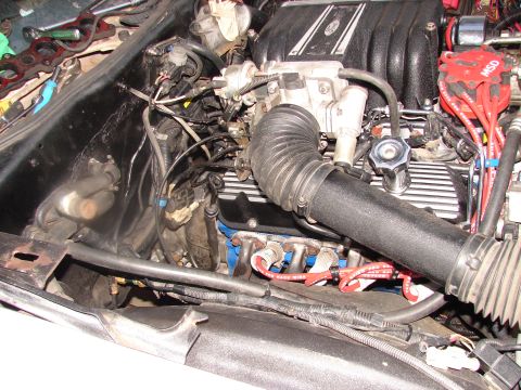 1973 Ford Ranchero - Close-up view of a V8 engine bay, showing various components and wiring.
