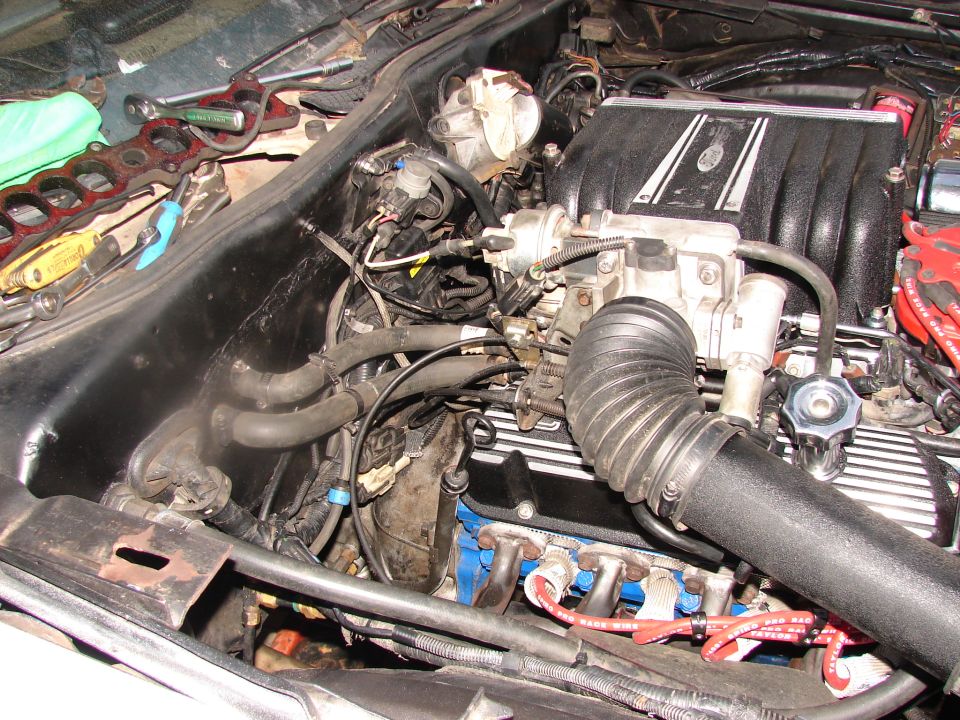 Engine bay with tools on fender, showing intake manifold, hoses, and wiring