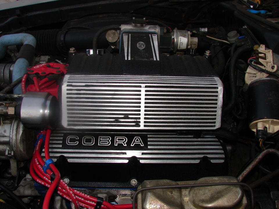 Engine bay showing Cobra valve covers and red spark plug wires