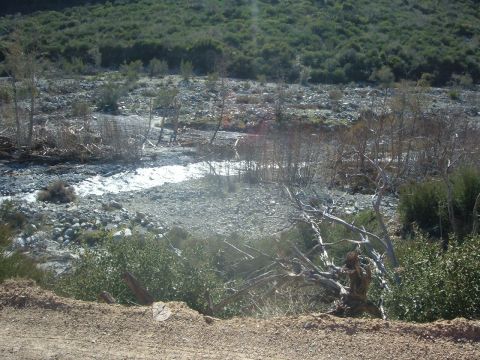 1988 Ford Bronco - A dry riverbed with sparse vegetation and a small stream in the distance, under a wooded hillside.