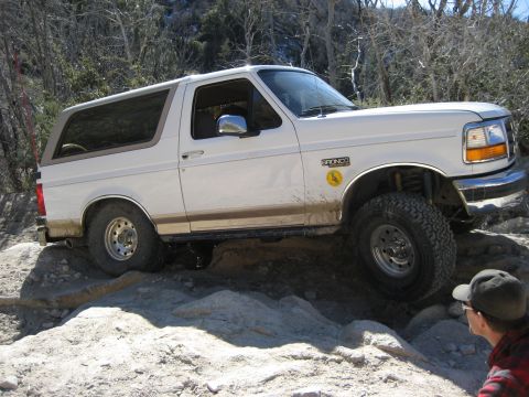 1996 Ford Bronco - A white 1996 Ford Bronco navigates a rocky trail, demonstrating its off-road capability.