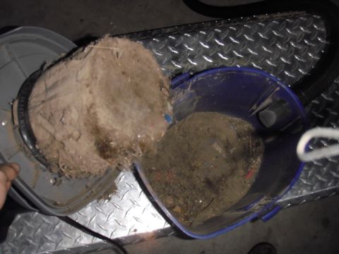 1993 Ford Bronco - A close-up view shows a full vacuum cleaner dust bin and a bucket containing dirt and debris.