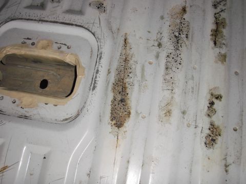 1993 Ford Bronco - The interior bedliner shows signs of rust and dirt accumulation.