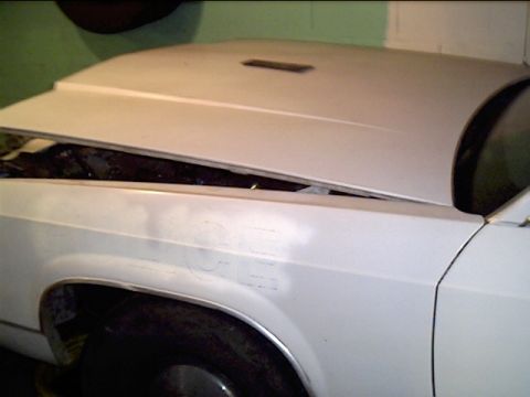 1991 Ford LTD Crown Victoria - Side view of hood plate and paint damage.