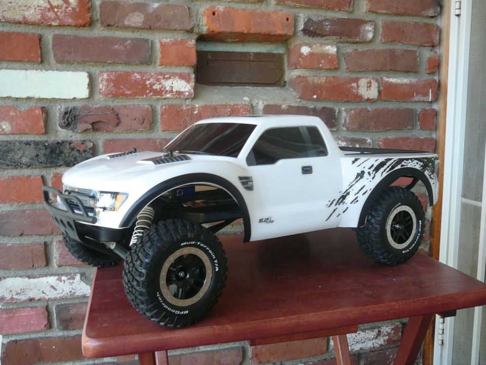 White RC truck with black graphics and BFGoodrich tires
