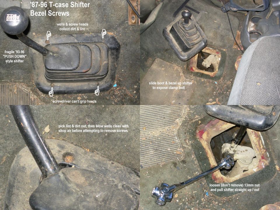 Four-panel guide showing transfer case shifter and bezel screw removal