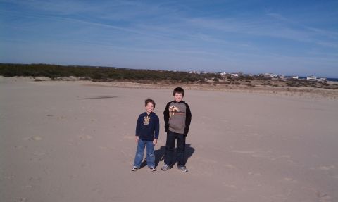 1979 Ford Bronco - Two young boys pose on a wide, sandy beach with a line of houses and vegetation in the background under a clear blue sky.