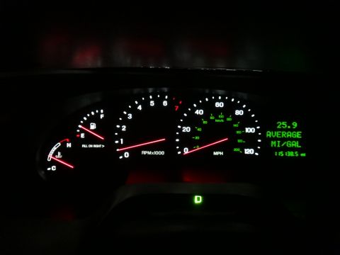 2000 Lincoln Continental - The illuminated dashboard gauges show the vehicle's speed, RPM, fuel level, and temperature, with an average MPG displayed.