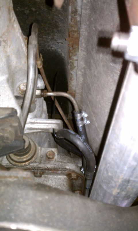 1979 Ford Bronco - Underside view of a vehicle's mechanical components, focusing on hoses and tubing.
