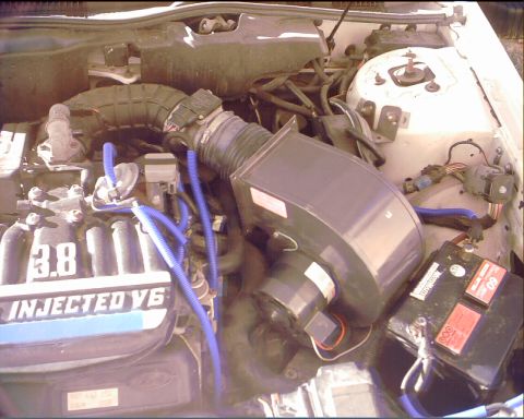 1994 Ford Taurus - Close-up view of a vehicle's engine bay, showing the "3.8 INJECTED V6" engine and other components.