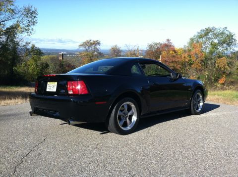 2002 Ford Mustang - A black 2002 Ford Mustang coupe is viewed from the rear 3/4 angle on a paved surface with trees in the background.