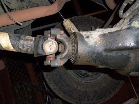 1989 Ford Bronco - Underside view of a vehicle's rear axle and driveshaft components, showing wear and grease.