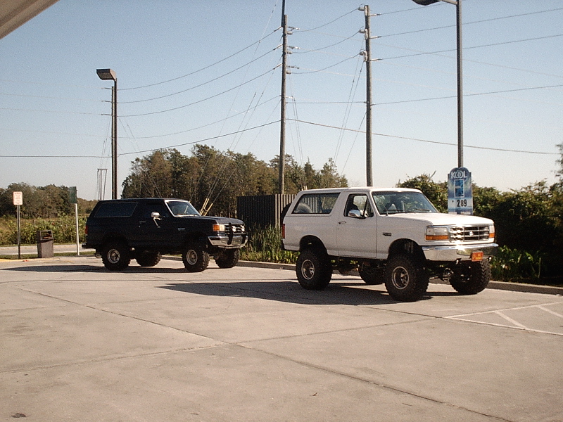 White and dark lifted Ford Broncos parked on concrete lot with big tires