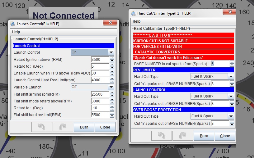 Tuning software screenshots of Launch Control and Hard Cut/Limiter Type configuration dialogs