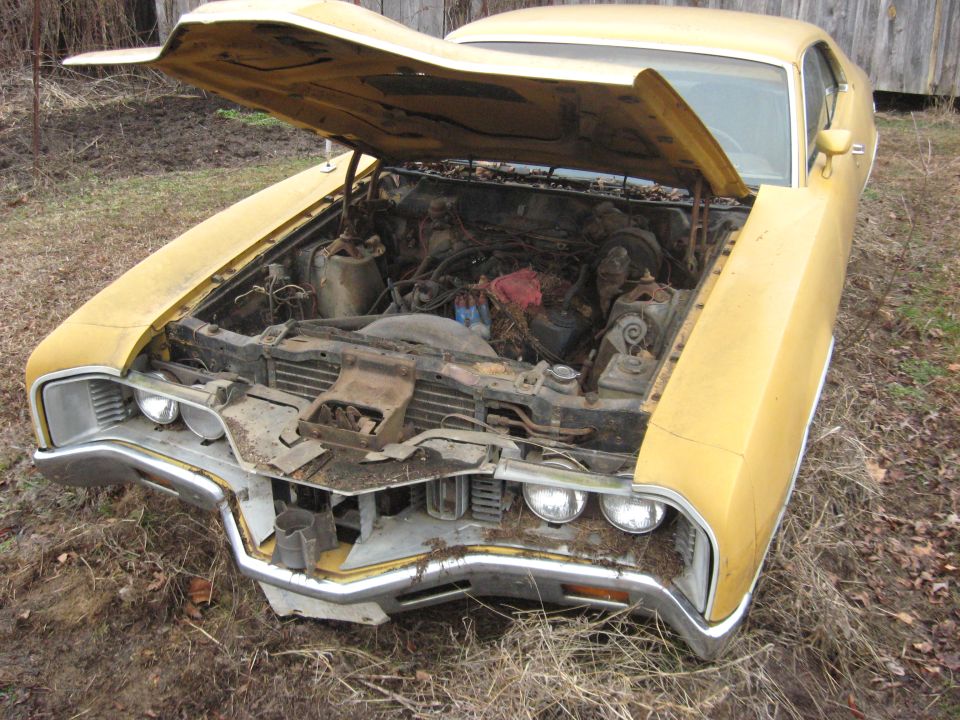 Abandoned yellow Ford with hood open, missing grille, exposed engine bay, parked in overgrown field