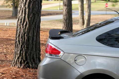 1976 Ford Ranchero - A silver car with a black spoiler is parked near trees, showing its rear quarter panel and taillight.
