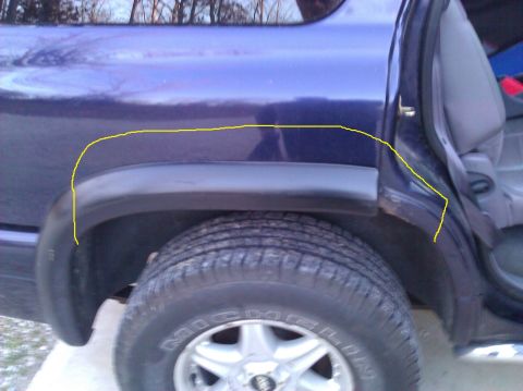 2007 Dodge Durango - This purple SUV shows damage around the rear wheel well and door frame, with a yellow line indicating the affected area.