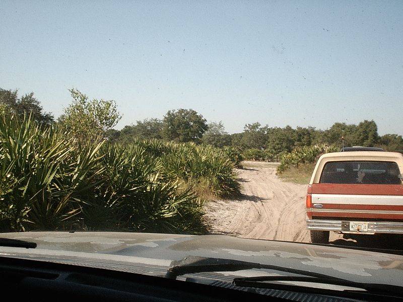 Red and white Ford pickup on a sandy trail seen through a windshield