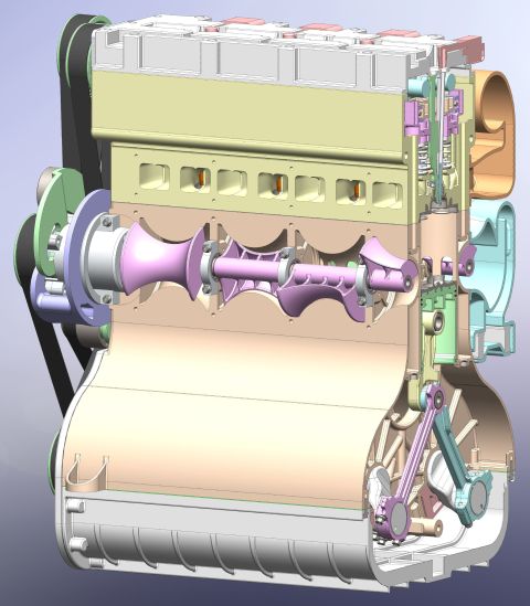 1969 Ford Fairlane - A detailed 3D rendering displays the inner workings of an engine, illustrating its mechanical components.