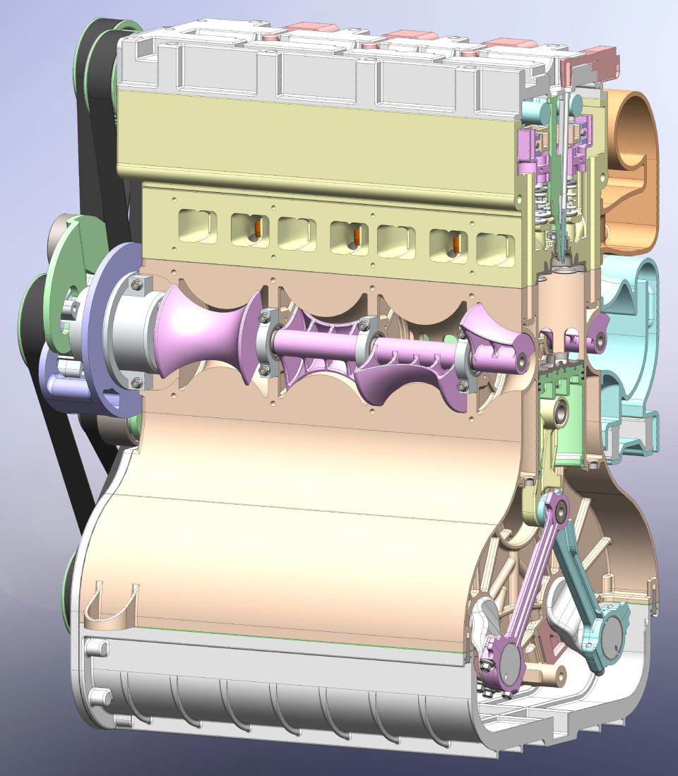 Cutaway view of an engine showing internal components like pistons, crankshaft, and valves