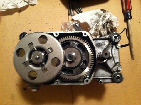 1981 Garelli Rally Sport - Close-up of a disassembled moped engine clutch and gears, with tools and rags visible in the background.