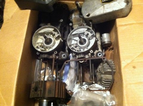 1981 Garelli Rally Sport - Motorcycle engine parts, possibly from a Garelli, are packed in a box.
