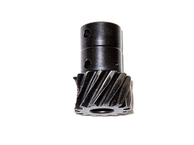 Metal gear with helical teeth and a two-piece shaft assembly