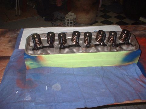 1969 Ford Torino - Engine cylinder head with valves and springs, prepared for work.
