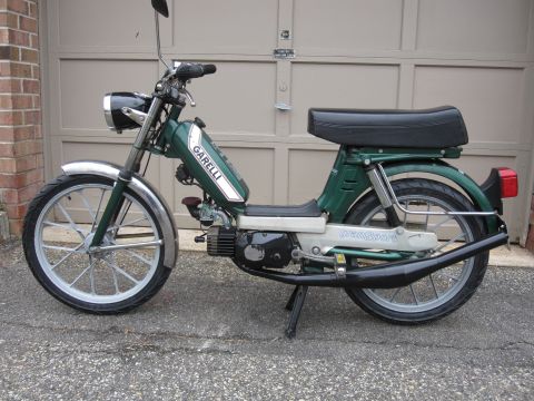1981 Garelli Rally Sport - A green moped with a white stripe on its gas tank and 'Rally Sport' text on the side panel is parked in front of a garage door.