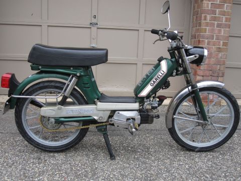 1981 Garelli Rally Sport - A green moped with the brand name GARELLI visible on its fuel tank is parked in front of a garage door.