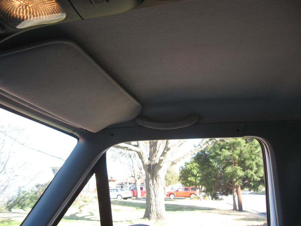 Interior view from passenger side of a light-colored SUV, showing sun visor and grab handle. Trees and other vehicles visible outside