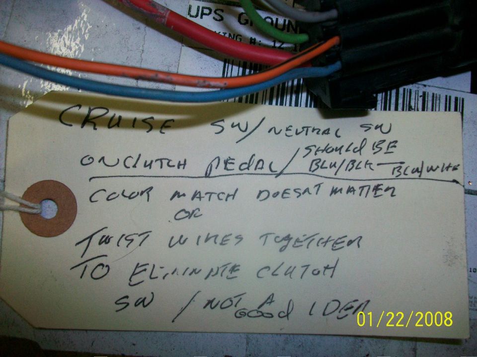 Electrical wiring with a tag detailing cruise and neutral switches