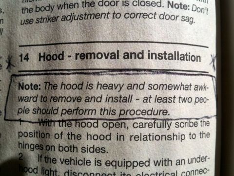 1978 Ford Bronco - This document page describes the procedure for removing and installing a vehicle's hood.
