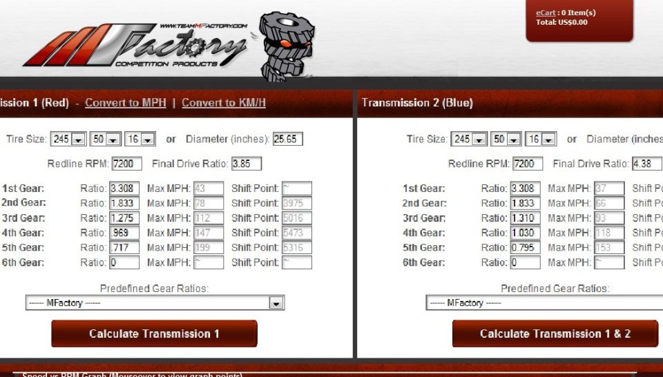 Screenshot of a gear ratio calculator website showing two transmission calculations