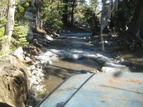 1986 Ford Bronco - A vehicle navigates a shallow, rocky stream surrounded by trees.
