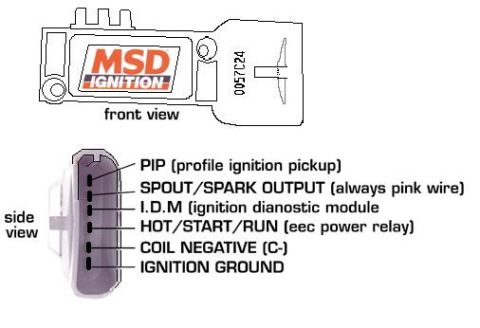 1990 Ford Bronco - MSD Ignition module (TFI-style) front and side views labeling the 6-pin connector: PIP, SPOUT/spark output, IDM, HOT/start/run, coil negati…