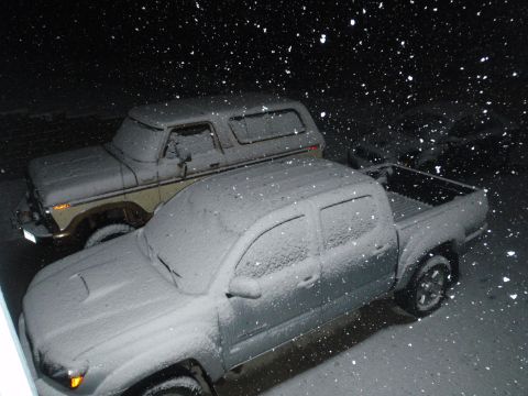 1978 Ford Bronco - Two vehicles, a 1978 Ford Bronco and a pickup truck, sit covered in snow during a winter storm.