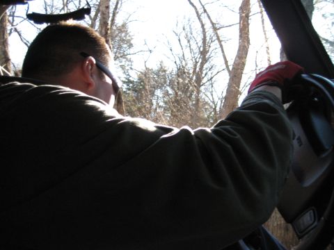 2005 Jeep Wrangler - View from inside a vehicle as the driver looks out at a wooded area on a sunny day.