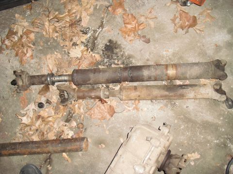 1986 Ford Bronco - These vehicle parts are laid out on a concrete surface with scattered dry leaves.
