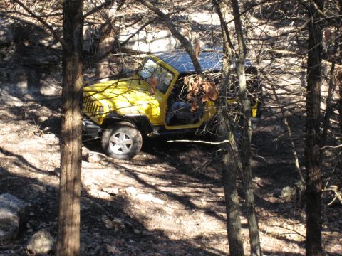2005 Jeep Wrangler - Yellow Jeep Wrangler navigating a wooded trail.