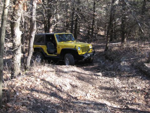 2005 Jeep Wrangler - A yellow Jeep Wrangler Rubicon navigates a wooded trail with its doors off.