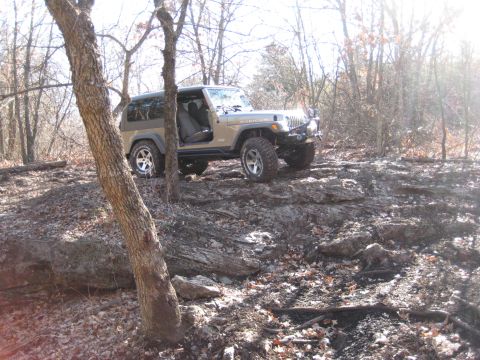 2005 Jeep Wrangler - A tan 2005 Jeep Wrangler navigates a rocky, wooded path with its driver's door ajar.