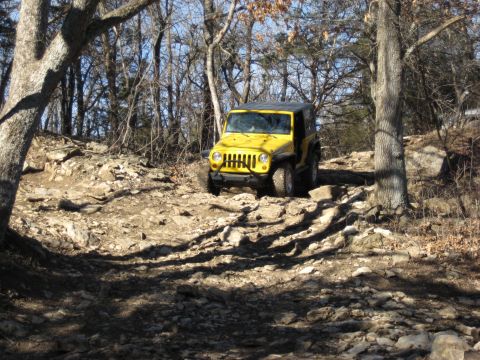 2005 Jeep Wrangler - A yellow 2005 Jeep Wrangler tackles a challenging, rocky path through a wooded area.