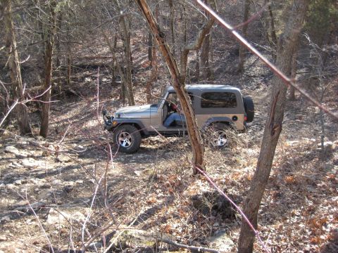 2005 Jeep Wrangler - A silver 2005 Jeep Wrangler navigates a rough, wooded path.