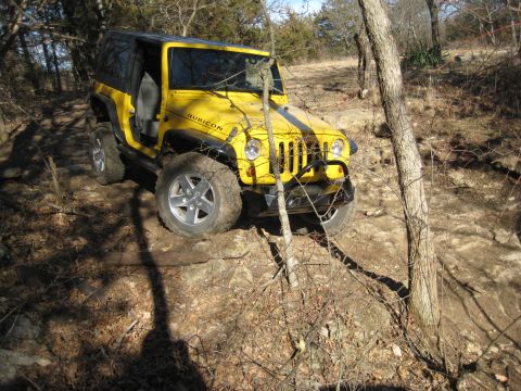 2005 Jeep Wrangler - Yellow Jeep Wrangler Rubicon navigating a rough, wooded terrain with rocks and trees.