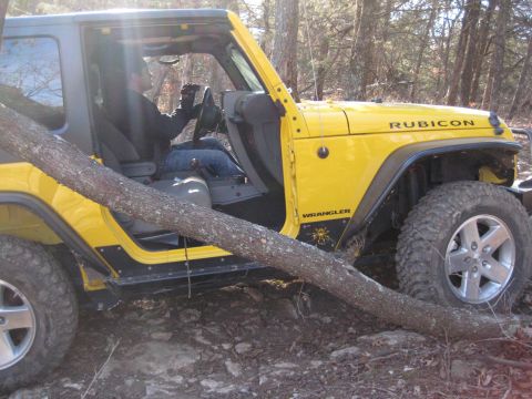 2005 Jeep Wrangler - A yellow Jeep Wrangler is partially blocked by a fallen tree in a wooded area.