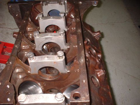 1969 Mercury Cyclone - Engine block with main bearing caps installed, showing internal components.