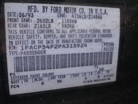 1993 Ford Taurus - Vehicle identification sticker shows a manufacture date of June 1993.